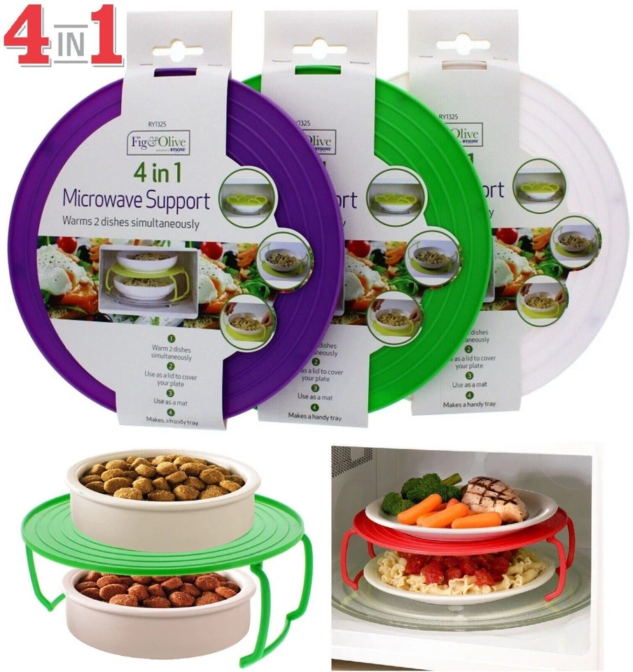 4 in 1 Microwave Food Plate Multipurpose Stand Lid Support Stacker Tray Plastic  - Image 1 of 4