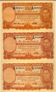 3 x TEN SHILLING : COOMBS & WATT R14 in aUNC CONDITION: NO RESERVE - Picture 1 of 2
