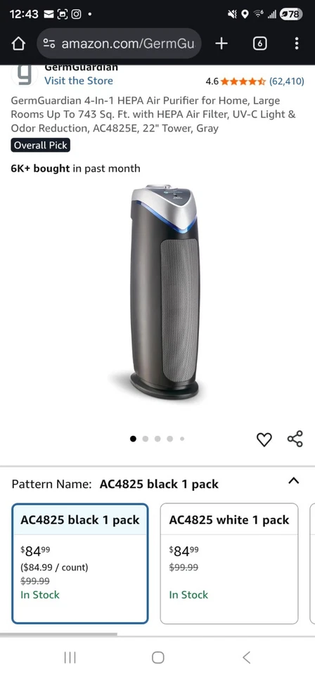 GermGuardian AC4825E True HEPA 过滤器 4 合 1 空气净化器 黑色 全新过滤器 — 第 1/1 张图片