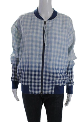 Pure DKNY Womens Linen Ombre Plaid Double Zip Light Bomber Jacket Blue Size P - Image 1 of 4