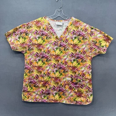 Crest Cottons Scrub Top Womens Medium Multicolor Tropical Leaf Print Pockets - Image 1 of 4