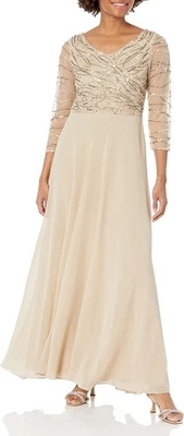 J Kara Women's 3/4 Sleeve Geo Beaded Long Gown, Champagne Multi, 4 - Image 1 of 4