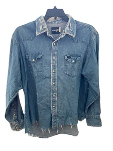 Men’s Vintage Wrangler Blue Jean Shirt Distressed Grunge Pearl Snap Lg/Xlg C3 - Picture 1 of 14