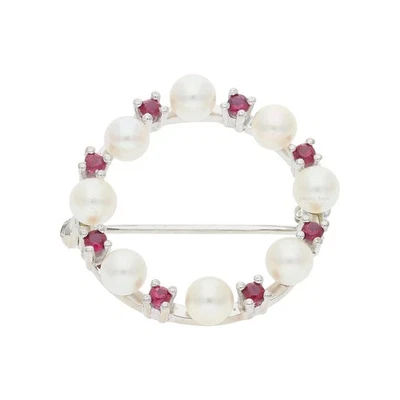 Brosche 585/000 (14 Karat) Weißgold mit Rubin und Akoya Zuchtperle, getragen 253 - Bild 1 von 3