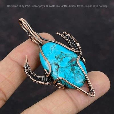 Natural Tibetan Turquoise Sister New Wire Wrapped Bull Face Shape Pendant Copper - Image 1 of 4
