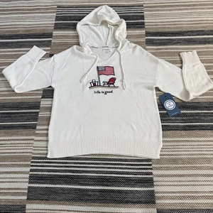 Life Is Good Hoodie Women's Large Pullover Sweater American Flag Beach Ivory USA - Picture 1 of 11