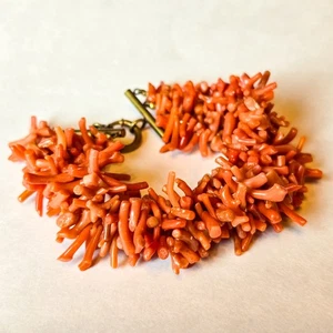 Bracciale Vintage 4 Fili Ramo di Corallo Naturale 7" Chiusura a Barra Ottone Boho Estate - Foto 1 di 15