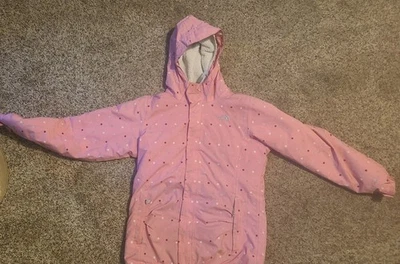 Chaqueta acolchada The North Face rosa a lunares aislada cremallera completa para mujer XS Foto 1 de 2