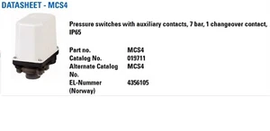 Eaton MCS4 Pressure Switch 0.15bar Min 7bar Max Differential Reading RS 221-3483 - Picture 1 of 22