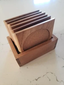 Wood And Cork New Bamboo Drink Coasters Set Of 6 3.75"x3.75" With Holder - Picture 1 of 7