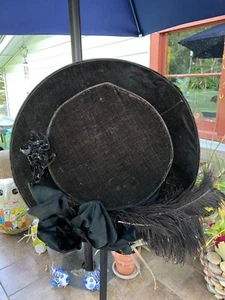 ANTIQUE Victorian Black Velvet OSTRICH FEATHER FLOWER BEADING 1800'S GILDED AGE - Picture 1 of 9