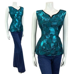 VTG 60S SHIMMERY BLUE ABSTRACT BLACK VELVET TRIM SWEETHEART NECK PARTY TOP 10 - Picture 1 of 9