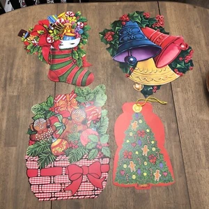 Vintage 4 Big Christmas Die Cut Cardboard Decorations/Window Signs 60s/70s USA - Picture 1 of 8