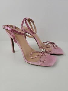 INC Womens 8M Pink Rhinestone Bow Square Toe Heels Sandals - Picture 1 of 7