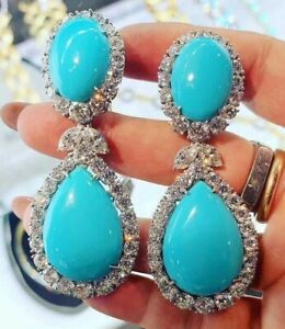 5Ct Oval Cut Simulated Turquoise & Diamonds Drop Earrings 925 Silver Gold Plated