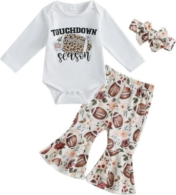 New Baby Girls 0-3 Months Football Bell Pants Set Touchdown Season Top Headband - Image 1 of 3