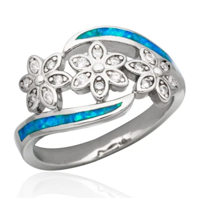 Anillo envolvente 3 flores océano azul ópalo de fuego circonita cúbica joyería bypass talla 7 8 9 Foto 1 de 4