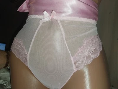 DE COLECCIÓN SEDOSO NYLON MALLA ALETEO ENCAJE ROSA BRAGAS TRANSPARENTE TRANSPARENTE 1X-52" Foto 1 de 4