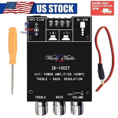 ZK-1002T 100W*2 Placa Amplificador Bluetooth Amplificador Estéreo de 2 Canales Agudos Bajos EE. UU. Foto 1 de 4