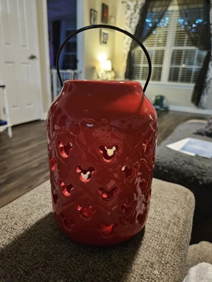 Disney Mickey Mouse Linterna Cerámica Roja Jardín 7.5" Alto Mango de Alambre Esmalte Foto 1 de 4