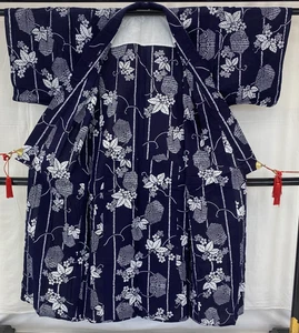Japanischer Vintage Kimono Yukata marineblau ohne Futter traditionell authentisch Länge 56 Zoll - Bild 1 von 23