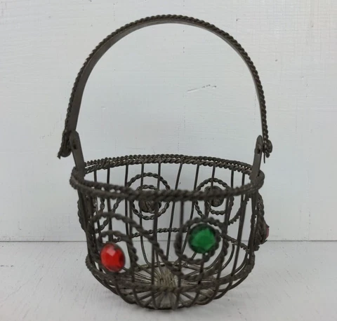 Vintage Basket Metal Work Wire Ornate Moving Handle Jewels Small Accent Cover