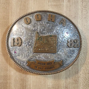 Vintage OQHA 1982 Belt Buckle Trophy Sterling Silver Overlay Colt Futurity - Picture 1 of 5