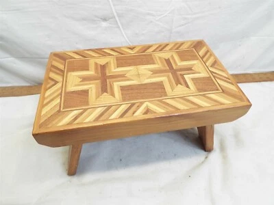 Wooden Inlay Marquetry Foot Stool Bench Inlaid Wood Cross Folk Art PA Signed - Image 1 of 4