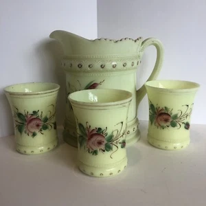 Heisey Uranium Custard 310 Glass Pitcher & 3 Flat Tumblers Ring Band Rose Floral - Picture 1 of 24