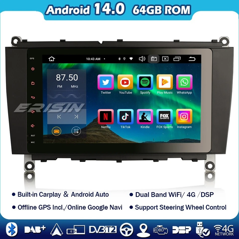 128GB IPS 8-Kern Android 14 Autoradio GPS Navi Mercedes CLK-Class W209 C209 A209 - Bild 1 von 4