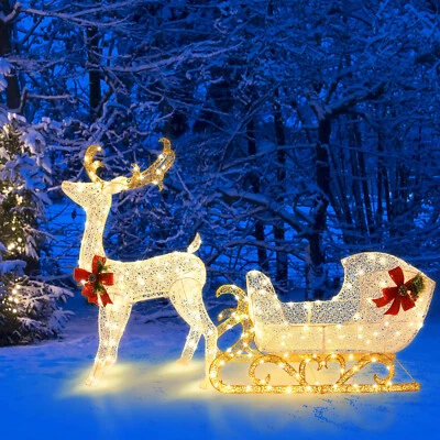 LED Christmas Light 3D Reindeer & Santa’s Sleigh Pre-lit Xmas Decor Yard Garden - image 1 of 4