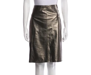 Brunello Cucinelli 100% Leather Gold Metallic Knee-Length Skirt, Size 6 - Picture 1 of 5