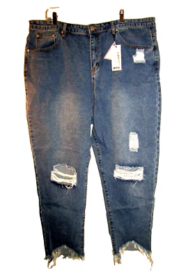 NWT, BOOHOO,  Women's Plus Size 18,  Blue Ripped Distressed High Waist Mom Jeans - Image 1 of 4