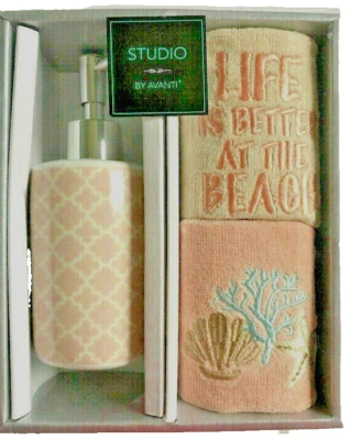 Avanti Fingertip Towels and Soap Lotion Dispenser Set Embroidered Summer Beach - Image 1 of 4