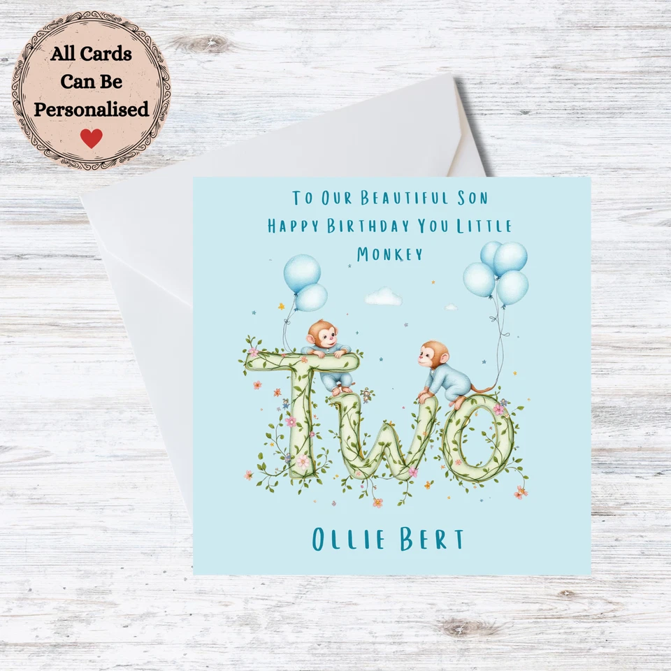 Personalised 2nd Birthday Son Card Little Monkey Customisable Name - Image 1 of 1