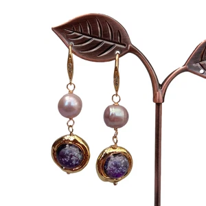 2" Cultured Purple Potato Pearl Murano Glass Drop Hook Earrings Fashion Jewelry - Picture 1 of 5