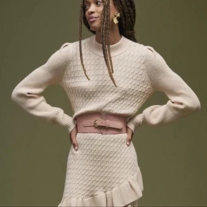 Anthropologie Flat White Women's Knit Sweater Dress Long Sleeve Ruffle Hem M E1 - Picture 1 of 8
