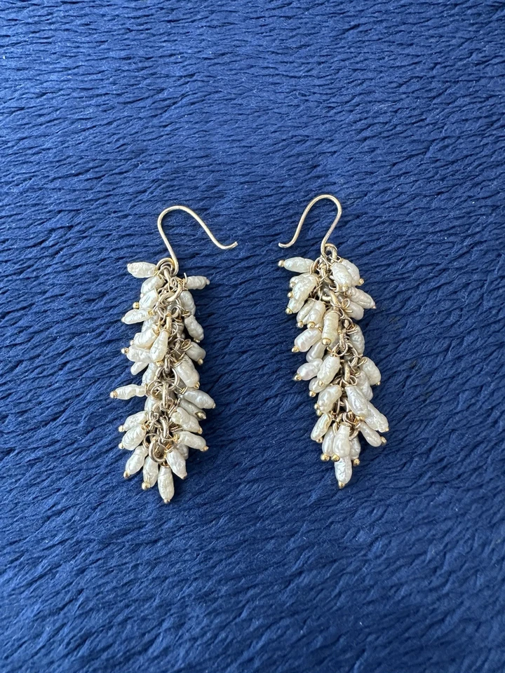 14k Yellow Gold Filled GF Cha Cha Style Pearl Drop Dangle Earrings, 2” Long - Image 1 of 4