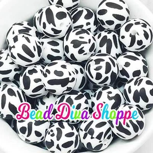 10er Set - 15 mm - SCHWARZ/WEISS KUH Druck - Runde Silikon Perlen zum Selbermachen und Schmuck - Bild 1 von 1