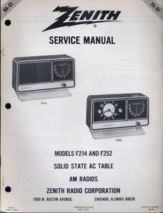 Zenith Service Manual Solid State AC Table AM Radios Models F214 & F252 PFAX41 - Picture 1 of 1