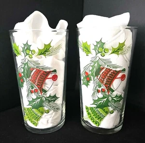 2 vasos retro de vidrio navideño con campanas y gráficos de acebo vidrio Chattanooga de 5" - Imagen 1 de 12