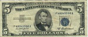 1953A 5$ Silver Certificate - Blue Seal - IBP/RBA F48945598A - #13607 - Picture 1 of 2