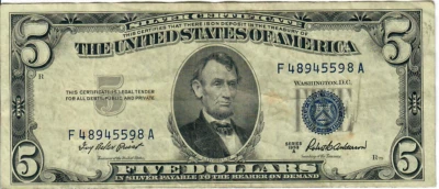 1953A 5$ Silver Certificate - Blue Seal - IBP/RBA F48945598A - #13607 - Image 1 of 2