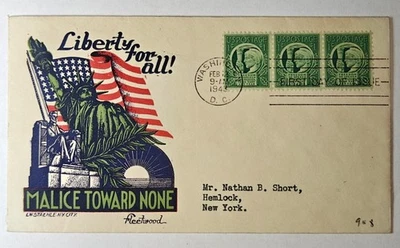 FDC 1943 #908-26 STAEHLE/ FLEETWOOD “LIBERTY FOR ALL” Patriotic Color Cachet - Image 1 of 2