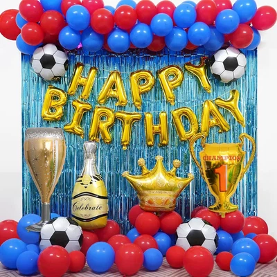 Suprimentos para decoração de festa de aniversário tema futebol para crianças meninos, bola azul e vermelha - Imagem 1 de 4