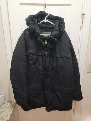 Eddie Bauer Down Filled Parka Men XL Black Hooded Full Length Zip Jacket Coat  - Image 1 of 4
