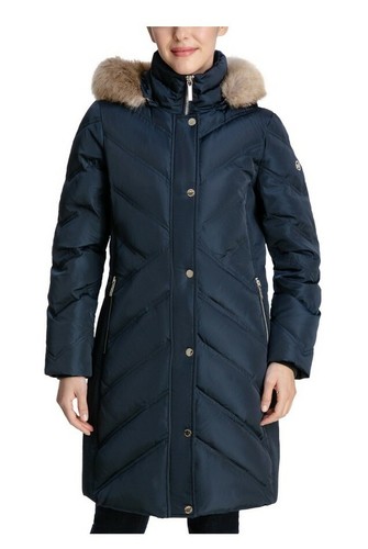 Nuova giacca calda Michael Kors in finta pelliccia con cappuccio cappotto tampone taglia S blu navy