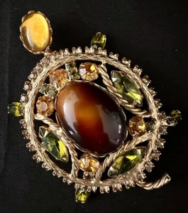 Vintage große Schildkröte goldfarbene Kunsttigerauge Strass grün bernsteinfarbene Brosche - Bild 1 von 17