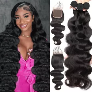 Body Wave Human Hair 5x5 Lace Closure With Bundles Brazilian Remy Hair Extension - Picture 1 of 8