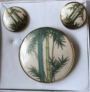Vintage Japanese Satsuma Porcelain Brooch Earrings Gold Bamboo Design - Picture 1 of 4